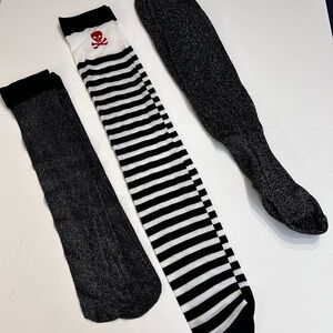 Black & White Striped Knee-High Socks with Skull Accent